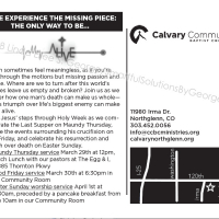 Screenshot of image designed for postcard (back) in multimedia campaign (print and web) for Calvary Community Baptist Church in Northglenn, Colorado by Linda Eilee S. George of SmartfulSolutionsByGeorge.com