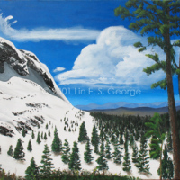 Digital image of original acrylic painting by Linda Eileen S. George a.k.a "Lin" George on canvas entitled 'A Peek at Pike'; 36" h x 48" w, a scene part of Pike's Peak while driving up the road upon it; three full-grown Ponderosa pines occupy the right foreground, overlooking a snowy valley in the middle spotted with many fir trees backed by other distant mountains, and to the left in the midground, a rocky peak draped heavily with snow in front of a vivid azure sky that sports a few dynamic cirrus and cumulus clouds