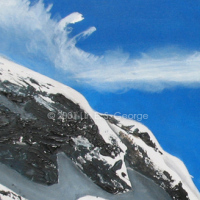 Digital image of original acrylic painting by Linda Eileen S. George a.k.a "Lin" George on canvas entitled 'A Peek at Pike'; 36" h x 48" w, a scene part of Pike's Peak while driving up the road upon it; three full-grown Ponderosa pines occupy the right foreground, overlooking a snowy valley in the middle spotted with many fir trees backed by other distant mountains, and to the left in the midground, a rocky peak draped heavily with snow in front of a vivid azure sky that sports a few dynamic cirrus and cumulus clouds