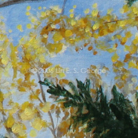 Digital image of original acrylic painting by Linda Eileen S. George a.k.a "Lin" George on canvas entitled 'Blackberry Winter'; 18" h x 24" w, a scene of a grove of bright yellow autumn aspens reaching to a sunny blue sky, as seen by lying on the ground looking upward between the aspens