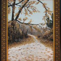 Digital image of original acrylic painting by Linda Eileen S. George a.k.a "Lin" George on canvas entitled 'Autumn Lair'; 24" w x 30" h, a late autumn scene with leaves of amber and brown clinging to wet trees on either side of a winding path in a snowy landscape, where a little melt has begun among scattered fallen leaves, a dreary blue-gray sky filtering light and creating a calm atmosphere behind a distant ashen mountain; the painting is shown framed in a harmonizing frame of amber and sepia with a stylized leaf motif