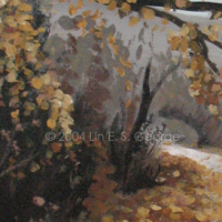 Digital image of original acrylic painting by Linda Eileen S. George a.k.a "Lin" George on canvas entitled 'Autumn Lair'; 24" w x 30" h, a late autumn scene with leaves of amber and brown clinging to wet trees on either side of a winding path in a snowy landscape, where a little melt has begun among scattered fallen leaves, a dreary blue-gray sky filtering light and creating a calm atmosphere behind a distant ashen mountain; the painting is shown framed in a harmonizing frame of amber and sepia with a stylized leaf motif
