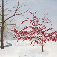 Digital image of original acrylic painting by Linda Eileen S. George a.k.a "Lin" George on canvas entitled 'Blackberry Winter'; 18" h x 24" w, a scene of a crabapple tree in full bloom caught after a late heavy snow, with other spring trees and a path fading into a hazy background