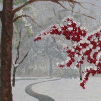 Digital image of original acrylic painting by Linda Eileen S. George a.k.a "Lin" George on canvas entitled 'Blackberry Winter'; 18" h x 24" w, a scene of a crabapple tree in full bloom caught after a late heavy snow, with other spring trees and a path fading into a hazy background