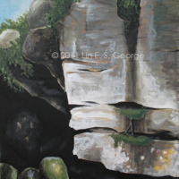 Digital image of original acrylic painting by Linda Eileen S. George a.k.a "Lin" George on canvas entitled 'Cumberland Gaps'; 24" w x 30" h, a vignette of a large, partially split, water-stained, lichen and moss covered rock formation dominating the middle and right parts of the composition, with greenery and a little blue sky above and cool, murky shadows populated by a few smaller mossy stones beneath and beside it