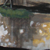 Digital image of original acrylic painting by Linda Eileen S. George a.k.a "Lin" George on canvas entitled 'Cumberland Gaps'; 24" w x 30" h, a vignette of a large, partially split, water-stained, lichen and moss covered rock formation dominating the middle and right parts of the composition, with greenery and a little blue sky above and cool, murky shadows populated by a few smaller mossy stones beneath and beside it