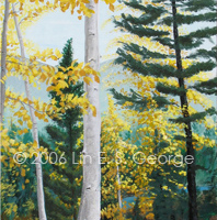 Digital image of original acrylic painting by Linda Eileen S. George a.k.a "Lin" George on canvas entitled 'Dancing Aspens'; 24" w x 48" h, a vertical scene of aspens and evergreens on a steep hill in autumn, with a path, a stream, a forest and then distant mountains just visible beyond them, under a pale blue sky