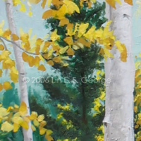 Digital image of original acrylic painting by Linda Eileen S. George a.k.a "Lin" George on canvas entitled 'Dancing Aspens'; 24" w x 48" h, a vertical scene of aspens and evergreens on a steep hill in autumn, with a path, a stream, a forest and then distant mountains just visible beyond them, under a pale blue sky
