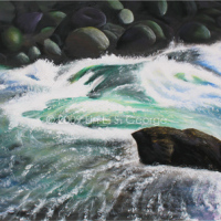 Digital image of original acrylic painting by Linda Eileen S. George a.k.a "Lin" George on canvas entitled 'Dangerous Beauty'; 30" h x 40" w, a scene depicting a swollen stream crashing through a rocky canyon as seen from the shore, with swells and sprays showing the force of the water that swirls in teals, lavenders, blues, gray and white, a single inky-brown boulder standing steadfast within the midst of the torrent
