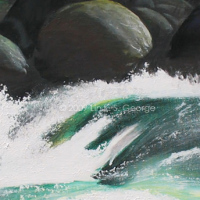Digital image of original acrylic painting by Linda Eileen S. George a.k.a "Lin" George on canvas entitled 'Dangerous Beauty'; 30" h x 40" w, a scene depicting a swollen stream crashing through a rocky canyon as seen from the shore, with swells and sprays showing the force of the water that swirls in teals, lavenders, blues, gray and white, a single inky-brown boulder standing steadfast within the midst of the torrent