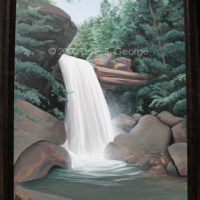 Digital image of original acrylic painting by Linda Eileen S. George a.k.a "Lin" George on canvas entitled 'Eagle Falls'; 24" w x 30" h, a summer scene after a heavy rain, of a waterfall bursting over a bluff that jaggedly looms over the scene, surrounded by boulders and evergreen trees and creating a small yet deep pond that's only partly visible in the foreground; colors have been slightly muted with the overcast sky