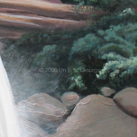 Digital image of original acrylic painting by Linda Eileen S. George a.k.a "Lin" George on canvas entitled 'Eagle Falls'; 24" w x 30" h, a summer scene after a heavy rain, of a waterfall bursting over a bluff that jaggedly looms over the scene, surrounded by boulders and evergreen trees and creating a small yet deep pond that's only partly visible in the foreground; colors have been slightly muted with the overcast sky