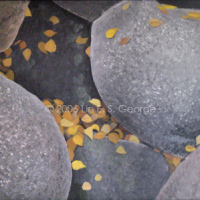 Digital image of original acrylic painting by Linda Eileen S. George a.k.a "Lin" George on canvas entitled 'Fire and Ice'; 18" h x 24" w, a close-up vignette looking down into a crowded group of seven large, round, speckled gray boulders with occasional patches of lichen, dotted with a sprinkling of golden autumn aspen leaves