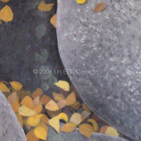 Digital image of original acrylic painting by Linda Eileen S. George a.k.a "Lin" George on canvas entitled 'Fire and Ice'; 18" h x 24" w, a close-up vignette looking down into a crowded group of seven large, round, speckled gray boulders with occasional patches of lichen, dotted with a sprinkling of golden autumn aspen leaves