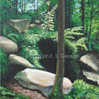 Digital image of original acrylic painting by Linda Eileen S. George a.k.a "Lin" George on canvas entitled 'Glen Haven'; 30" w x 40" h, a summer scene depicting a lush green forest with a small central cave behind a focal tree and slab of rock, with other scattered rocks and bushes in the foreground and background, and more trees thickly populating the background, and a bright blue sky pushing through the dappling leaves
