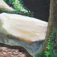 Digital image of original acrylic painting by Linda Eileen S. George a.k.a "Lin" George on canvas entitled 'Glen Haven'; 30" w x 40" h, a summer scene depicting a lush green forest with a small central cave behind a focal tree and slab of rock, with other scattered rocks and bushes in the foreground and background, and more trees thickly populating the background, and a bright blue sky pushing through the dappling leaves