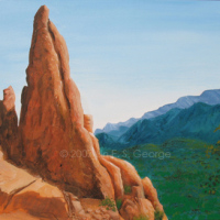 Digital image of original acrylic painting by Linda Eileen S. George a.k.a "Lin" George on canvas entitled 'Guard of the Garden'; 24" h x 30" w, a summer scene depicting a towering, twisted terra-cotta orange rock face in Garden of the Gods, Colorado Springs, which sits mostly off to the left in the foreground, while on the right a leafy bush overlaps the fertile green valley that recedes back to teal and indigo layers of mountains against a blue sky that gradually fades lighter toward the horizon