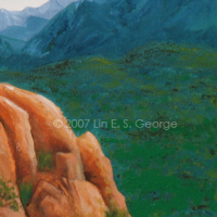 Digital image of original acrylic painting by Linda Eileen S. George a.k.a "Lin" George on canvas entitled 'Guard of the Garden'; 24" h x 30" w, a summer scene depicting a towering, twisted terra-cotta orange rock face in Garden of the Gods, Colorado Springs, which sits mostly off to the left in the foreground, while on the right a leafy bush overlaps the fertile green valley that recedes back to teal and indigo layers of mountains against a blue sky that gradually fades lighter toward the horizon