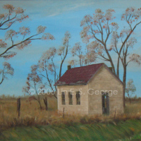 Digital image of original acrylic painting by Linda Eileen S. George a.k.a "Lin" George on canvas entitled 'Iowa Old School'; 24" h x 36" w, a scene of a deteriorating former one-room stacked-stone schoolhouse in an overgrown field in rural Iowa; the scene is in mid-autumn and the green has faded from the scattered distant trees and the longer grass; some of the panes of glass in the sides of the schoolhouse are broken out and you can see the blue sky right through a couple of them through the missing door in the doorway; a few gray clouds streak the sky, foretelling the colder weather to come
