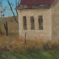Digital image of original acrylic painting by Linda Eileen S. George a.k.a "Lin" George on canvas entitled 'Iowa Old School'; 24" h x 36" w, a scene of a deteriorating former one-room stacked-stone schoolhouse in an overgrown field in rural Iowa; the scene is in mid-autumn and the green has faded from the scattered distant trees and the longer grass; some of the panes of glass in the sides of the schoolhouse are broken out and you can see the blue sky right through a couple of them through the missing door in the doorway; a few gray clouds streak the sky, foretelling the colder weather to come
