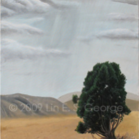 Digital image of original acrylic painting by Linda Eileen S. George a.k.a "Lin" George on panel entitled 'Lonely Tree'; 24" w x 48" h, a vertical scene of an ancient evergreen survivor on a steep hill of dead, dry grass that faces away from Red Rocks toward the receding mountains to the south, with a host of active storm clouds, rain, and vergas just beyond the first rise