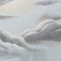 Digital image of original acrylic painting by Linda Eileen S. George a.k.a "Lin" George on panel entitled 'Lonely Tree'; 24" w x 48" h, a vertical scene of an ancient evergreen survivor on a steep hill of dead, dry grass that faces away from Red Rocks toward the receding mountains to the south, with a host of active storm clouds, rain, and vergas just beyond the first rise