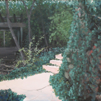 Digital image of original acrylic painting by Linda Eileen S. George a.k.a "Lin" George on canvas entitled 'Lush World'; 18" h x 24" w, a scene of a natural installation in Laumeier Sculpture Garden in Kirkwood, Missouri, a suburb of St. Louis, where an ivy-covered rock wall in the right foreground leads along a concrete path to some stairs peeking out from behind it that lead to the right, and in front and to the left is a shady pergola decked all around by thick summer greenery