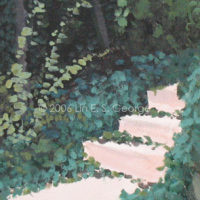 Digital image of original acrylic painting by Linda Eileen S. George a.k.a "Lin" George on canvas entitled 'Lush World'; 18" h x 24" w, a scene of a natural installation in Laumeier Sculpture Garden in Kirkwood, Missouri, a suburb of St. Louis, where an ivy-covered rock wall in the right foreground leads along a concrete path to some stairs peeking out from behind it that lead to the right, and in front and to the left is a shady pergola decked all around by thick summer greenery