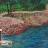 Digital image of original acrylic painting by Linda Eileen S. George a.k.a "Lin" George on canvas entitled 'Monte Ne'; 24" h x 30" w, a summer scene depicting the ruins of the old 20's-40's era amphitheater designed by Coin Harvey at Monte Ne, Arkansas, an interesting old relic of concrete couches, chairs, tables and stairs that occasionally see light when the level of Beaver Lake, a man-made lake that flooded the area in the 60's, is very low; in the background are visible a few trees, scattered buildings, a receding shoreline and a blue summer sky; in the foreground the ruins wrap around the water where some underwater features are still visible through the rippling blue water that's just as active and textural as the loose clouds blowing across the sky