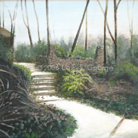 Digital image of original acrylic painting by Linda Eileen S. George a.k.a "Lin" George on canvas entitled 'November Mist'; 18" h x 24" w, a scene of an outdoor natural sculpture installation in Laumeier Sculpture Garden in Kirkwood, Missouri, a suburb of St. Louis, showing a rock-wall flanked stairway leading from the left foreground to a nondescript building in the left-central backtround; a concrete path splits in the foreground to different destinations, and plants and trees with summer's color in final ebb dot the area all around, the background ones softened by fog, creating an atmosphere of reverie