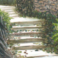 Digital image of original acrylic painting by Linda Eileen S. George a.k.a "Lin" George on canvas entitled 'November Mist'; 18" h x 24" w, a scene of an outdoor natural sculpture installation in Laumeier Sculpture Garden in Kirkwood, Missouri, a suburb of St. Louis, showing a rock-wall flanked stairway leading from the left foreground to a nondescript building in the left-central backtround; a concrete path splits in the foreground to different destinations, and plants and trees with summer's color in final ebb dot the area all around, the background ones softened by fog, creating an atmosphere of reverie