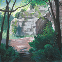 Digital image of original oil painting by Linda Eileen S. George a.k.a "Lin" George on canvas entitled 'Sequiota Cave'; 24" w x 24" h, a summer scene of a cave in a flat rock wall, beyond winding lush green trees with partly silhouetted trunks, and in the midground, a rough stone path; this area is at the edge of Springfield, Missouri in Sequiota Park