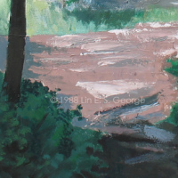 Digital image of original oil painting by Linda Eileen S. George a.k.a "Lin" George on canvas entitled 'Sequiota Cave'; 24" w x 24" h, a summer scene of a cave in a flat rock wall, beyond winding lush green trees with partly silhouetted trunks, and in the midground, a rough stone path; this area is at the edge of Springfield, Missouri in Sequiota Park