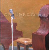 Digital image of original acrylic painting by Linda Eileen S. George a.k.a "Lin" George on panel entitled 'Take Five'; 24" w x 48" h, a vertical scene of a tiny, tired gray stage holding a neglected, unmanned piano, a propped up bass, a piano bench with torn upholstery, and a gleaming stand holding a microphone, in front of a weathered, orangey-brownish cloth-covered wall with a mirror reflecting some of the red and blue neon over the bar at El Chapultapec in Denver, Colorado