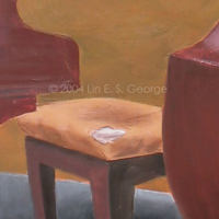 Digital image of original acrylic painting by Linda Eileen S. George a.k.a "Lin" George on panel entitled 'Take Five'; 24" w x 48" h, a vertical scene of a tiny, tired gray stage holding a neglected, unmanned piano, a propped up bass, a piano bench with torn upholstery, and a gleaming stand holding a microphone, in front of a weathered, orangey-brownish cloth-covered wall with a mirror reflecting some of the red and blue neon over the bar at El Chapultapec in Denver, Colorado