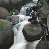 Digital image of original acrylic painting by Linda Eileen S. George a.k.a "Lin" George on canvas entitled 'Twilight Jewel'; 30" w x 40" h, a vertical scene of a cascading waterfall winding through leaf- and lichen- speckled boulders, in the filtered light of late afternoon and the full rising moon, sparkling white and transparent blue-green water spilling, crashing, rolling between interval pools within the dark and shadowy rocks toward the viewer with a frothy pond of whitewater at the bottom