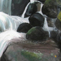 Digital image of original acrylic painting by Linda Eileen S. George a.k.a "Lin" George on canvas entitled 'Twilight Jewel'; 30" w x 40" h, a vertical scene of a cascading waterfall winding through leaf- and lichen- speckled boulders, in the filtered light of late afternoon and the full rising moon, sparkling white and transparent blue-green water spilling, crashing, rolling between interval pools within the dark and shadowy rocks toward the viewer with a frothy pond of whitewater at the bottom
