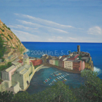 Digital image of original acrylic painting by Linda Eileen S. George a.k.a "Lin" George on canvas entitled 'Vernazzo'; 24" h x 36" w, a scene overlooking an Italian seaside town dotted with colorful buildings, a church, a lighthouse-like fort on the end of the land bar, and a protected bay of bright-colored boats by a beach, all seen from a leafy overlook on a cliff outside town