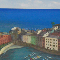 Digital image of original acrylic painting by Linda Eileen S. George a.k.a "Lin" George on canvas entitled 'Vernazzo'; 24" h x 36" w, a scene overlooking an Italian seaside town dotted with colorful buildings, a church, a lighthouse-like fort on the end of the land bar, and a protected bay of bright-colored boats by a beach, all seen from a leafy overlook on a cliff outside town