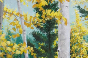 Digital image of original acrylic painting by Linda Eileen S. George a.k.a "Lin" George on canvas entitled 'Dancing Aspens'; 24" w x 48" h, a vertical scene of aspens and evergreens on a steep hill in autumn, with a path, a stream, a forest and then distant mountains just visible beyond them, under a pale blue sky